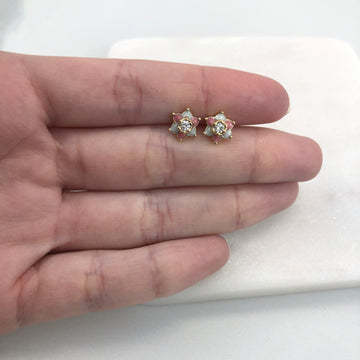 18K Gold Layered Oro Laminado White & Pink Enamel Flower With Clear Rhinestone Center Plug Kids Earrings 21.0411/7